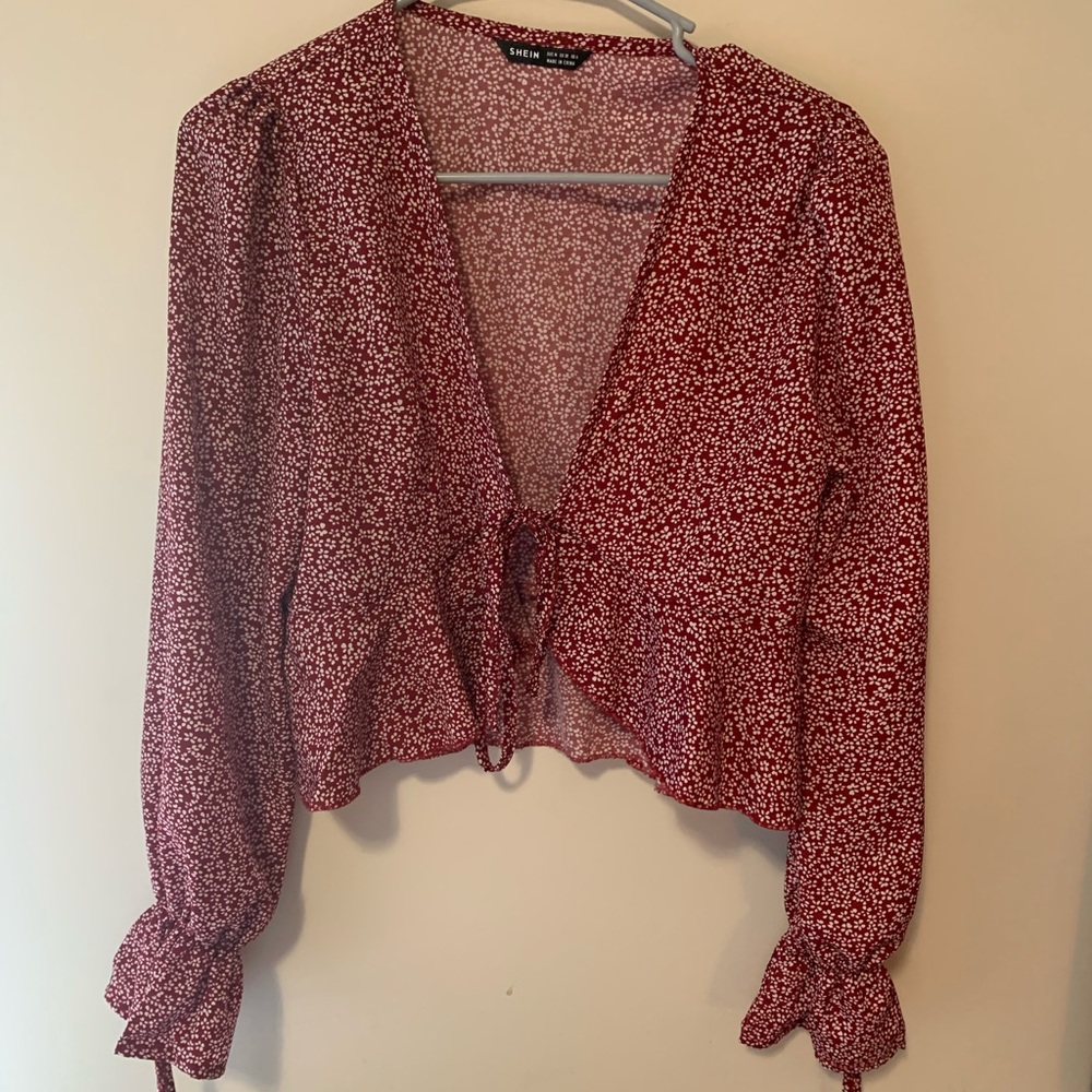 SHEIN Red Floral Polka Dot Tie Top